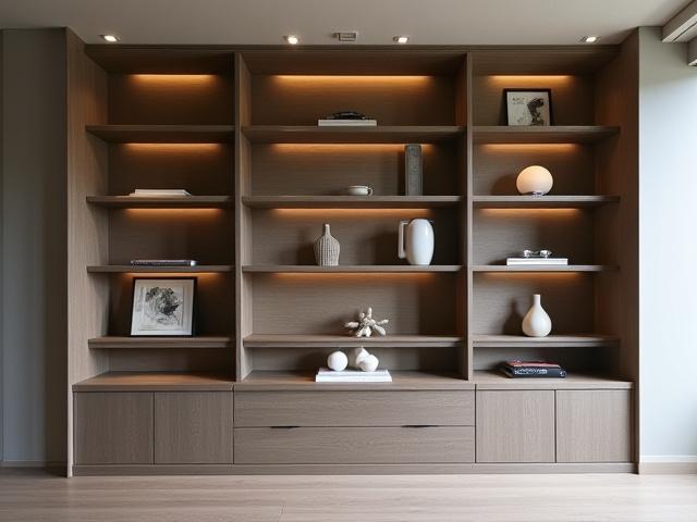 Custom built-in shelving unit, sleek design inspired by natural rock formations, functional and beautiful